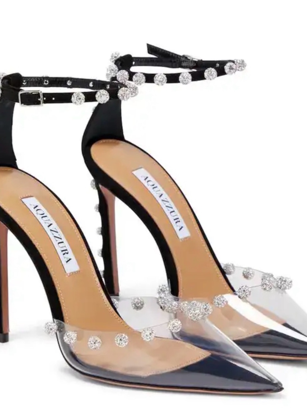 Aquazzura Black and Clear Crystal-Ankle Stiletto Pumps (missing a few diamonds)